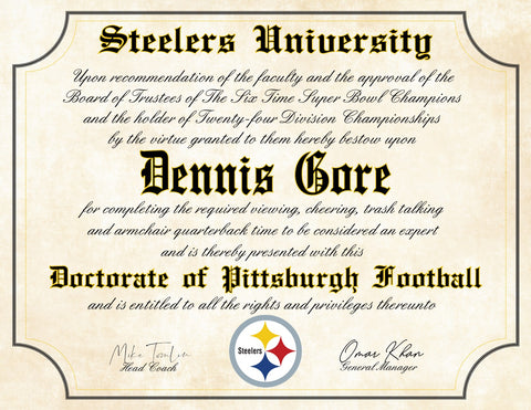 Pittsburgh Steelers Ultimate Football Fan Personalized Diploma - 8.5" x 11" Parchment Paper