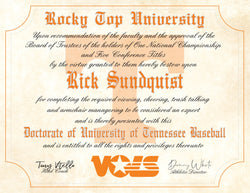 Tennessee Volunteers Ultimate Baseball Fan Personalized Diploma 8.5" x 11" Parchment Paper