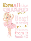 Blonde Ballerina Christian Nursery Decor Set of 4 Prints in Pink and Gold with Bible Verses