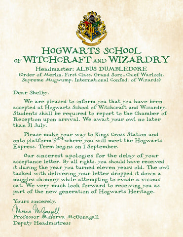 Personalized Harry Potter Apology for Late Delivery of Acceptance Letter - Perfect Add on to Letter