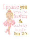 Blonde Ballerina Christian Nursery Decor Set of 4 Prints in Pink and Gold with Bible Verses