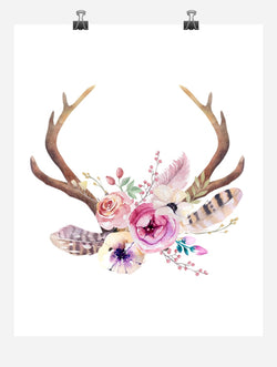 Boho Antlers Tribal Watercolor Nursery Wall Art Print - Multiple Sizes
