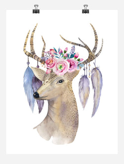 Boho Deer Head Tribal Watercolor Nursery Wall Art Print - Multiple Sizes