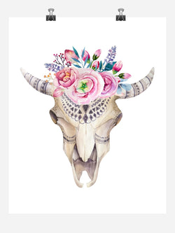 Boho Cow Skull Tribal Watercolor Nursery Wall Art Print - Multiple Sizes