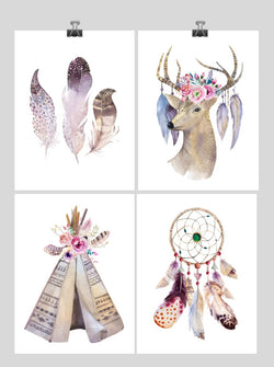 Boho Tribal Watercolor Nursery Decor Set of 4 Prints Available in Multiple Sizes