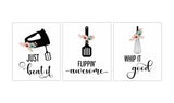 Floral Minimalist Funny Kitchen Art Set of 3 Unframed Prints - Kitchen Utensil Puns -  Just Beat It, Flippin Awesome, Whip It Good