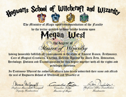 Personalized Wizard Diploma Hogwarts School of Witchcraft and Wizardry Master Degree