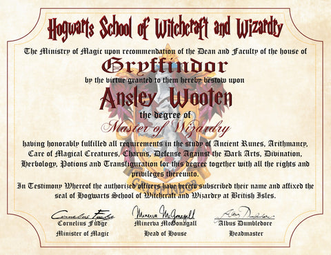 Gryffindor Personalized Diploma Hogwarts School of Witchcraft and Wizardry Degree