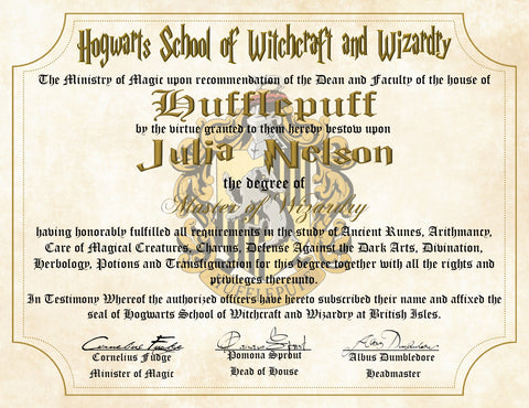 Hufflepuff House Personalized Diploma Hogwarts School of Witchcraft and Wizardry