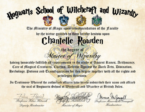 Personalized Wizard Diploma Hogwarts School of Witchcraft and Wizardry Degree of Master of Wizardry