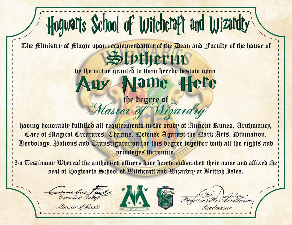 Slytherin Personalized Harry Potter Diploma - Hogwarts School of Witch –  Pixie Paper Store