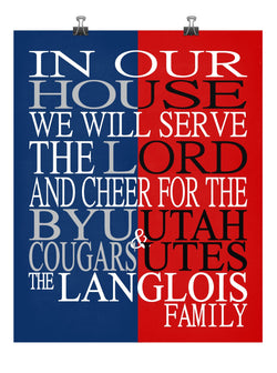 A House Divided - BYU Cougars & Utah Utes Personalized Family Name Christian Print