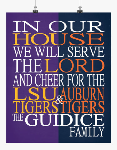 A House Divided - LSU Tigers and Auburn Tigers Personalized Family Name Christian Print