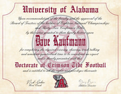 University of Alabama Crimson Tide Ultimate Football Fan Personalized Diploma 8.5" x 11" Parchment Paper