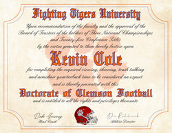 Clemson Tigers Ultimate Football Fan Personalized Diploma - 8.5" x 11" Parchment Paper