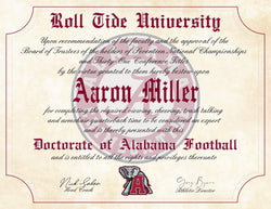 Alabama Crimson Tide Ultimate Football Fan Personalized Novelty Diploma - 8.5" x 11" Parchment Paper