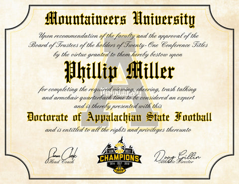 Appalachian State Mountaineers Ultimate Football Fan Personalized 8.5" x 11" Diploma