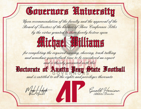 Austin Peay Governors Ultimate Football Fan Personalized 8.5" x 11" Diploma