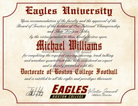 Boston College Eagles Ultimate Football Fan Personalized 8.5" x 11" Diploma