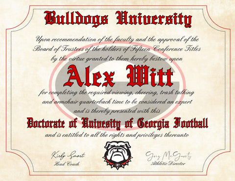 Georgia Bulldogs Ultimate Football Fan Personalized Diploma - 8.5" x 11" Parchment Paper