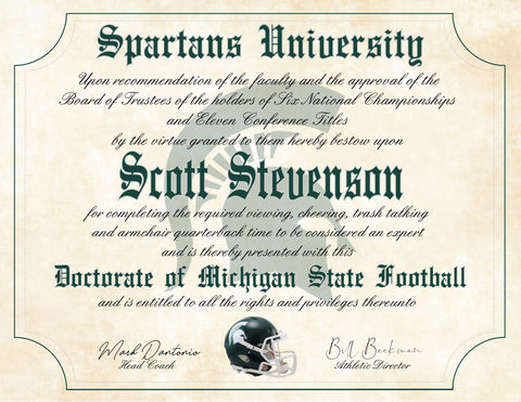 Michigan State Spartans Ultimate Football Fan Personalized Diploma - 8.5" x 11" Parchment Paper