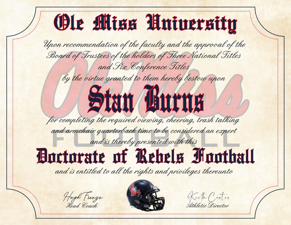 Ole Miss Rebels Ultimate Football Fan Personalized Diploma 8.5" x 11