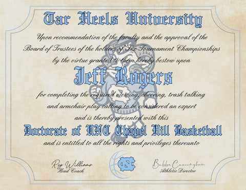 UNC Tar Heels Ultimate Basketball Fan Personalized Diploma - 8.5" x 11" Parchment Paper