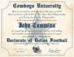 Dallas Cowboys Ultimate Football Fan Personalized Diploma Makes a Perfect Gift