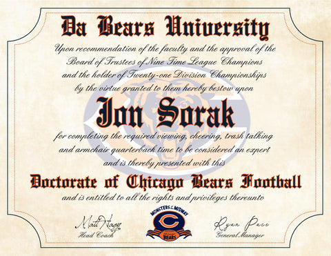 Da Bears Ultimate Chicago Bears Football Fan Personalized Diploma - Perfect Gift - 8.5" x 11" Parchment Paper