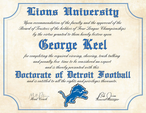 Detroit Lions Ultimate Fan Personalized Diploma - Perfect Gift - 8.5" x 11" Parchment Paper