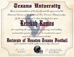 Houston Texans Ultimate Football Fan Personalized Diploma - Perfect Gift - 8.5" x 11" Parchment Paper