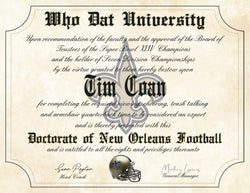Who Dat University - New Orleans Saints Ultimate Fan Personalized Diploma - Perfect Gift - 8.5" x 11" Parchment Paper