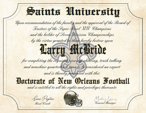 New Orleans Saints Ultimate Football Fan Personalized Diploma 8.5" x 11" Parchment Paper