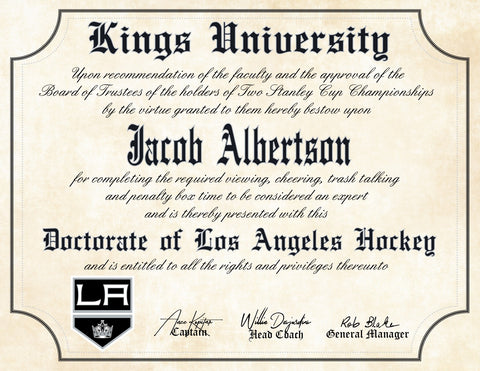 LA Kings Ultimate Hockey Fan Personalized Diploma - Perfect Gift