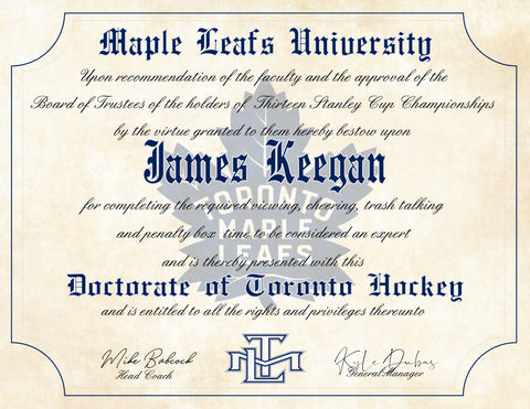 Toronto Maple Leafs Ultimate Hockey Fan Personalized Diploma - 8.5" x 11"