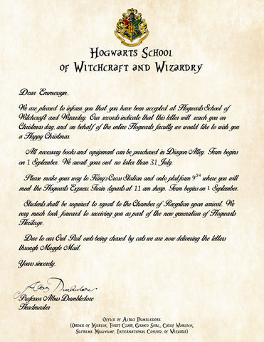 Hogwarts Personalized Acceptance Letter with Christmas Wishes signed by Albus Dumbledore