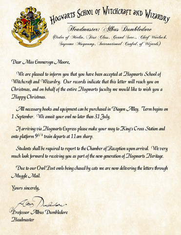 Hogwarts Personalized Acceptance Letter with Christmas Wishes from Albus Dumbledore
