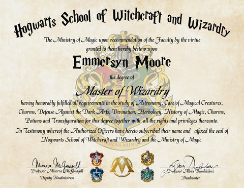Personalized Wizard Diploma Hogwarts School of Witchcraft and Wizardry Master Degree
