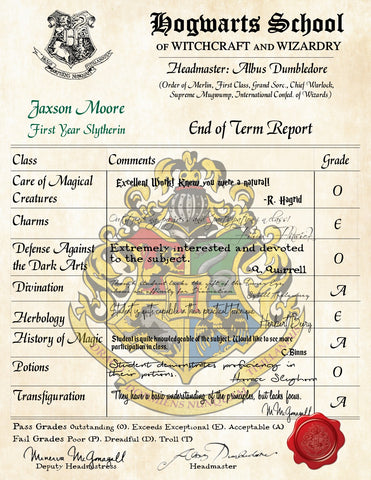 Slytherin Personalized Report Card Hogwarts School of Witchcraft and Wizardry