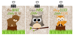 Woodland Nursery Set of 3 Prints, Stay Clever Little Fox, Grow Wise Little Owl, Be Brave Little Bear