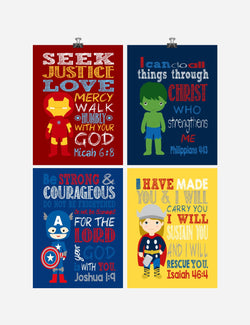 Christian Superhero Nursery Decor Art Print Set of 4 -Captain America, Ironman, Thor and Hulk