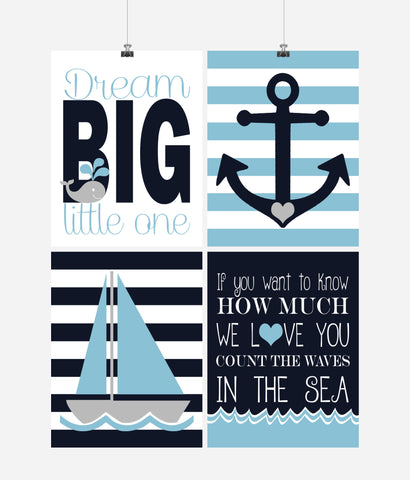 Nautical Nursery Decor Set of 4 Art Prints - Dream Big Little One