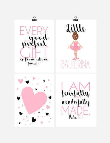Ballerina Christian Nursery Decor Set of 4 Prints with Bible Verses