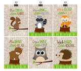 Woodland Nursery Decor Set of 6 Prints, Squirrel, Raccoon, Fox, Bear, Owl,and Hedgehog - Motivational Quotes