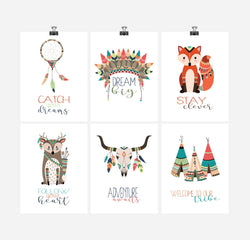 Tribal Woodland Nursery Prints - Boho Motivational Nursery Art Print Set of 6 - Multiple Sizes