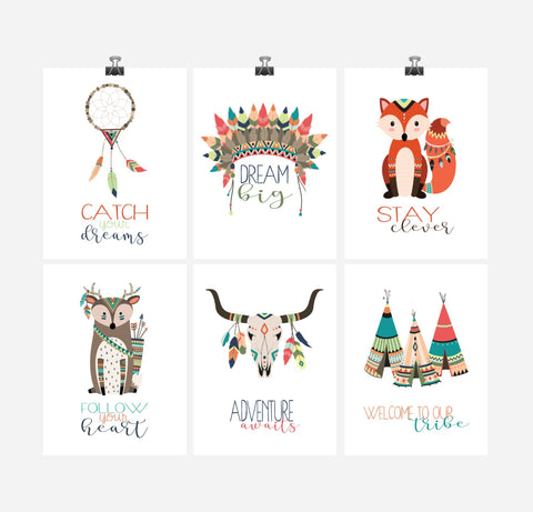Tribal Woodland Nursery Prints - Boho Motivational Nursery Art Print Set of 6 - Multiple Sizes