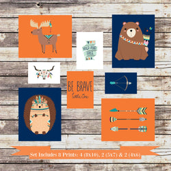 Woodland Tribal Nursery Decor Wall Art Set of 8 Prints Navy & Orange 4 - 8x10's, 2 - 5x7's and 2 - 4x6's prints - Moose, Bear and Hedgehog