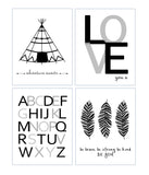 Tribal Black and White Monochrome Nursery Set of 4 Kids Minimalist Bedroom Decor Prints - Adventure Awaits, Love, Be Brave Be Strong