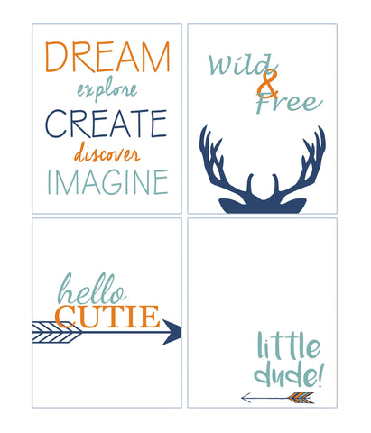 Wild and Free Deer Tribal Nursery Set of 4 Orange and Blue Kids Bedroom Decor Prints