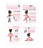 African American Ballerina Christian Nursery Decor Set of 4 Unframed Prints in Pink and Black with Bible Verses